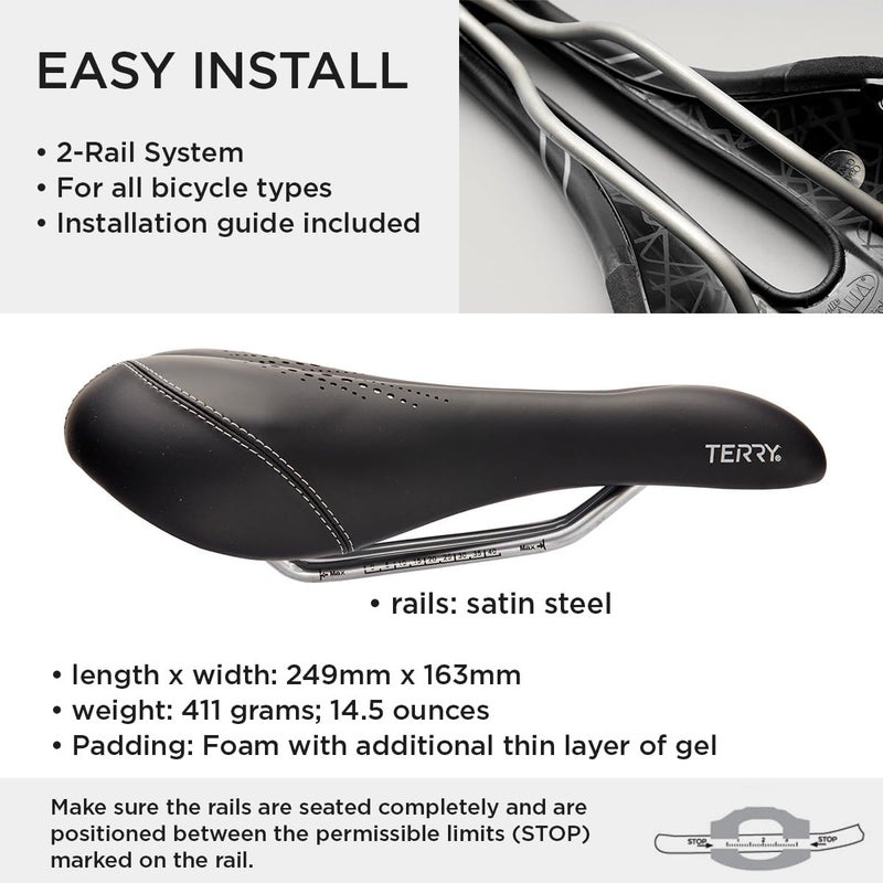 Terry Liberator X Gel Bike Seat for Women - Comfortable Touring Bicycle Seat Cushion, Wider Contoured Rear & Large Cutaway, Dura-Tek Cover - Image 3
